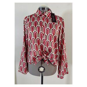 NWT Rachel Zoe Retro Tie Front Bell Sleeve Silky Blouse Pink and Red Graphic